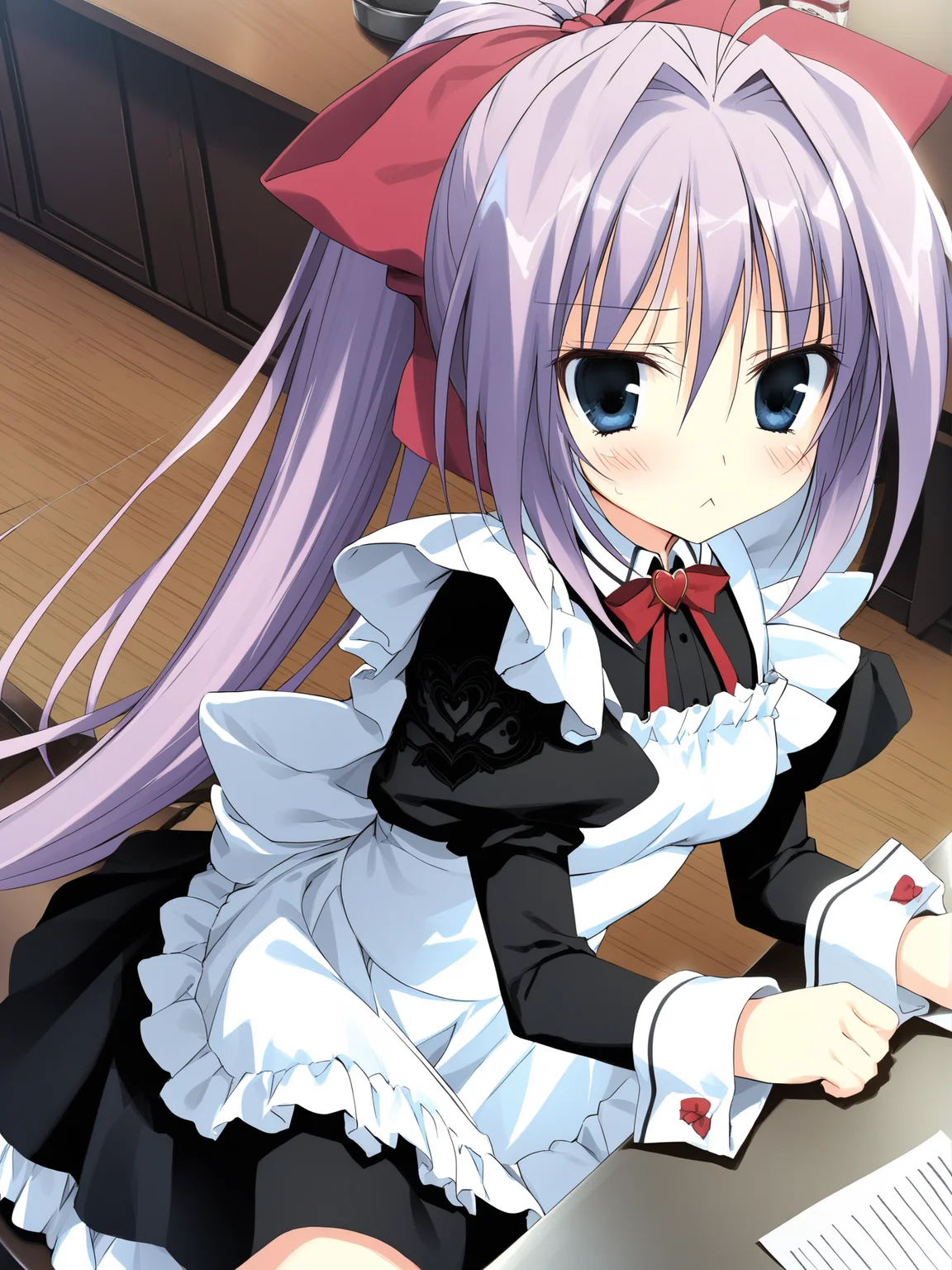 masterpiece, best quality, high quality, aesthetic, absurdres, insanely detailed,
1girl, blue eyes, maid, dutch angle, paper, long hair, blush, ponytail, purple hair, bow, from above, hair ribbon, hair bow, pink hair, dress, hair intakes, looking at viewer, :<, brooch, apron, table, long sleeves, waitress, sitting, working,
<lora:korie-riko-style-xl_v1.0:1>