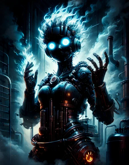 score_9,score_8,score_7, foggy industrial park, distant wide-angle, standing girl made out of pipes and machinery, hands up, looking at viewer, glowing eyes, mechanical face, covered in glowing blue flame, <lora:Industrial_World_Morph-000007:1> [:<lora:Style_Abyssal_Ascendants:0.8> :0.4],