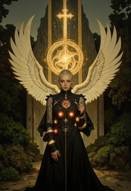 A midshot of a regal woman with a shaved, clean head and pale porcelain skin, her face adorned with angular gothic makeup, including sharp eyeliner and deep crimson lips. She exudes an aura of commanding grace, wearing a sleek black turtleneck dress with netted mesh sleeves that shimmer subtly in the light. Glowing red rings orbit her waist, pulsating faintly like halos of forbidden energy. Her magnificent wings, crafted from thousands of rectangular paper strips, are layered and articulated with the precision of origami, extending outward in vast, symmetrical arcs. The strips shift and ripple as though alive, their edges glowing faintly, creating the impression of ethereal yet lethal power. Her presence is enigmatic, exuding elegance and quiet strength. Behind her stands the grand entrance to a pilgrimage site, an ornate gateway framed by dense green bushes. Rays of golden light pierce through, creating dramatic highlights and enhancing the surreal, divine atmosphere.