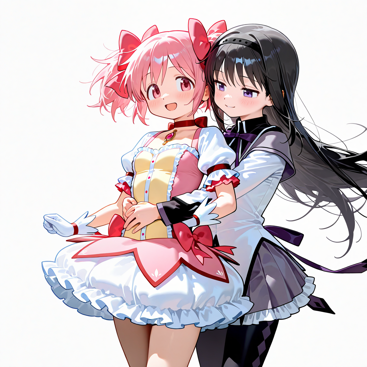 masterpiece, best quality, absurdres, highres, newest, general,
2girls, mahou shoujo madoka magica, 
kaname madoka, pink hair, short twintalils, small breasts, smile, open mouth, blush, magical girl, pink dress, puffy short sleeves, frilled skirt, 
akemi homura, black hair, long hair, small breasts, smile, blush, magical girl, long sleeves, frilled skirt, pleated skirt, hug from behind, 
simple background, 
<lora:nyalia:0.15>, <lora:dj_sloppa_ill_v2:0.3>,
