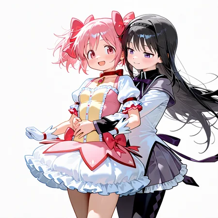 masterpiece, best quality, absurdres, highres, newest, general,
2girls, mahou shoujo madoka magica,
kaname madoka, pink hair, short twintalils, small breasts, smile, open mouth, blush, magical girl, pink dress, puffy short sleeves, frilled skirt,
akemi homura, black hair, long hair, small breasts, smile, blush, magical girl, long sleeves, frilled skirt, pleated skirt, hug from behind,
simple background,
<lora:nyalia:0.15>, <lora:dj_sloppa_ill_v2:0.3>,