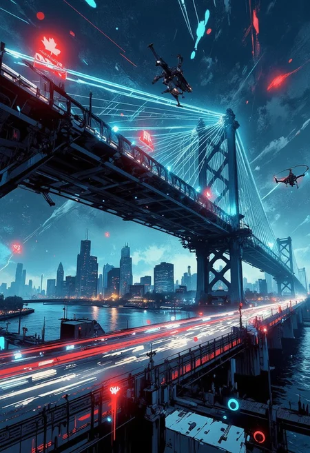 Ambassador Bridge Neon Artery
"Mh1$AgThS2
Windsor's Ambassador Bridge appears in extreme wide-angle closeup, its massive suspension cables tilted dramatically across the frame as if photographed from a drone in freefall. Once painted black, then blue, the bridge now pulses with programmable LED lighting that flows like digital blood between nations—shifting from Canadian red to American blue as data packets cross the border. The formerly vapor-lit span has evolved into a neural network visualizer where traffic patterns manifest as flowing light signatures along its length, congestion appearing as pulsing crimson nodes while free-flowing traffic creates streams of electric cyan. Massive holographic customs indicators hover above the bridge, displaying wait times visible from both downtown Detroit and Windsor. Autonomous inspection drones with maple leaf insignias patrol the structure, their navigation lasers creating crimson geometric patterns against the night sky. The wide-angle backdrop reveals the Detroit River where water-filtering nanobots create bioluminescent patterns that mirror the bridge's data flows.
The entire composition crackles with the electric energy of international commerce, the bridge's illuminated cables creating a cybernetic harp of light against the neon-lit skylines of two nations.
Thin border of international trade statistics that glitch between currencies on an epic border background."
