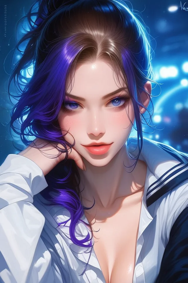 1girl, black hair, blue hair, blurry, blurry background, bra, breasts, cleavage, closed mouth, collarbone, earrings, jewelry, looking at viewer, multicolored hair, necklace, piercing, shirt, solo, underwear, white shirt