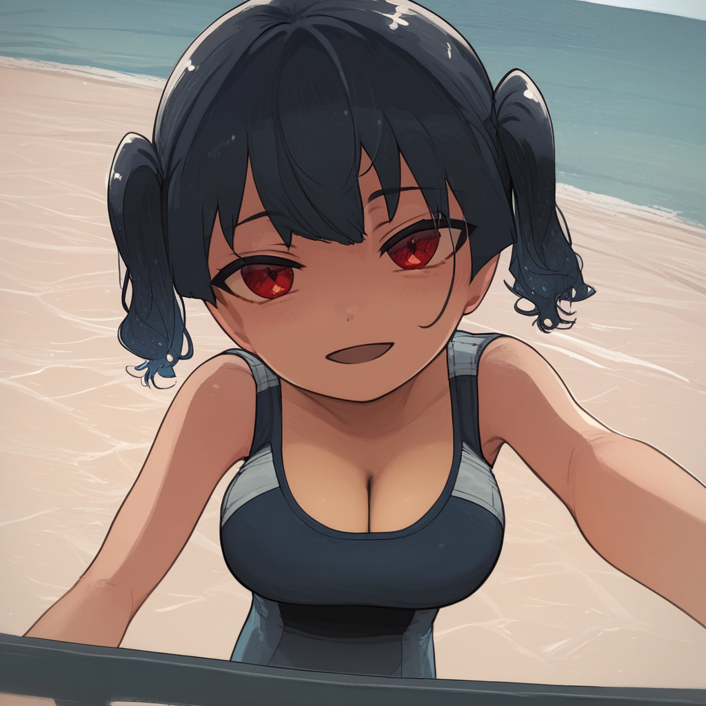 score_9, score_8_up, score_7_up, score_6_up, source_anime, BREAK, 1girl, solo, (( <lora:sasaki_kanna:1> , sasaki_kanna, piercing red eyes, clear eyes, bright pupils, beautiful eyes, beautiful black hair, short twintails, bangs, left side ponytail, thin waist, wide hips, beautiful skin, huge and shaggy breasts, short busty woman, natural beauty, extraordinary beautiful woman, attractive woman, super sexy woman, lustful body, sexy woman with seductive obscene body, sensual body, voluptuous body, sexy beauty, )) , cowboy shot, sexy, seducative smile, ((blue cut-out one-piece competitive swimsuit, obscene cleavage, huge cleavage, blue hair ties, )) , head rest, looking at viewer, mediterranean, ocean, balcony, backlighting, decorations, parted lips, open mouth, dutch angle, selfie, beautiful smile,