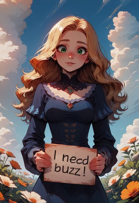((score_9)), (score_8_up), score_7_up, close-up, solo, Expressiveh, 1girl,
wavy hair,
long hair,
blonde hairy,
green eyes,
smile,
embarassed,
medium breasts,
blue dress,
garden background,
swallows,
clouds,
blue sky,
flowery meadow,
golden hour,
need_buzz, holding sign,
colorfull,