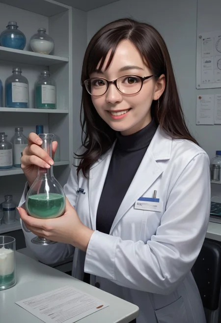 score_9, score_8_up, score_7_up, score_6_up, score_5_up, score_4_up, img, 1girl, realistic, asian woman, scientist, glasses,white lab coat, holding a glass flask with green liguid, smoke in the background illustration, smile, realistic, in a laboratory, intricate details zPDXLrl