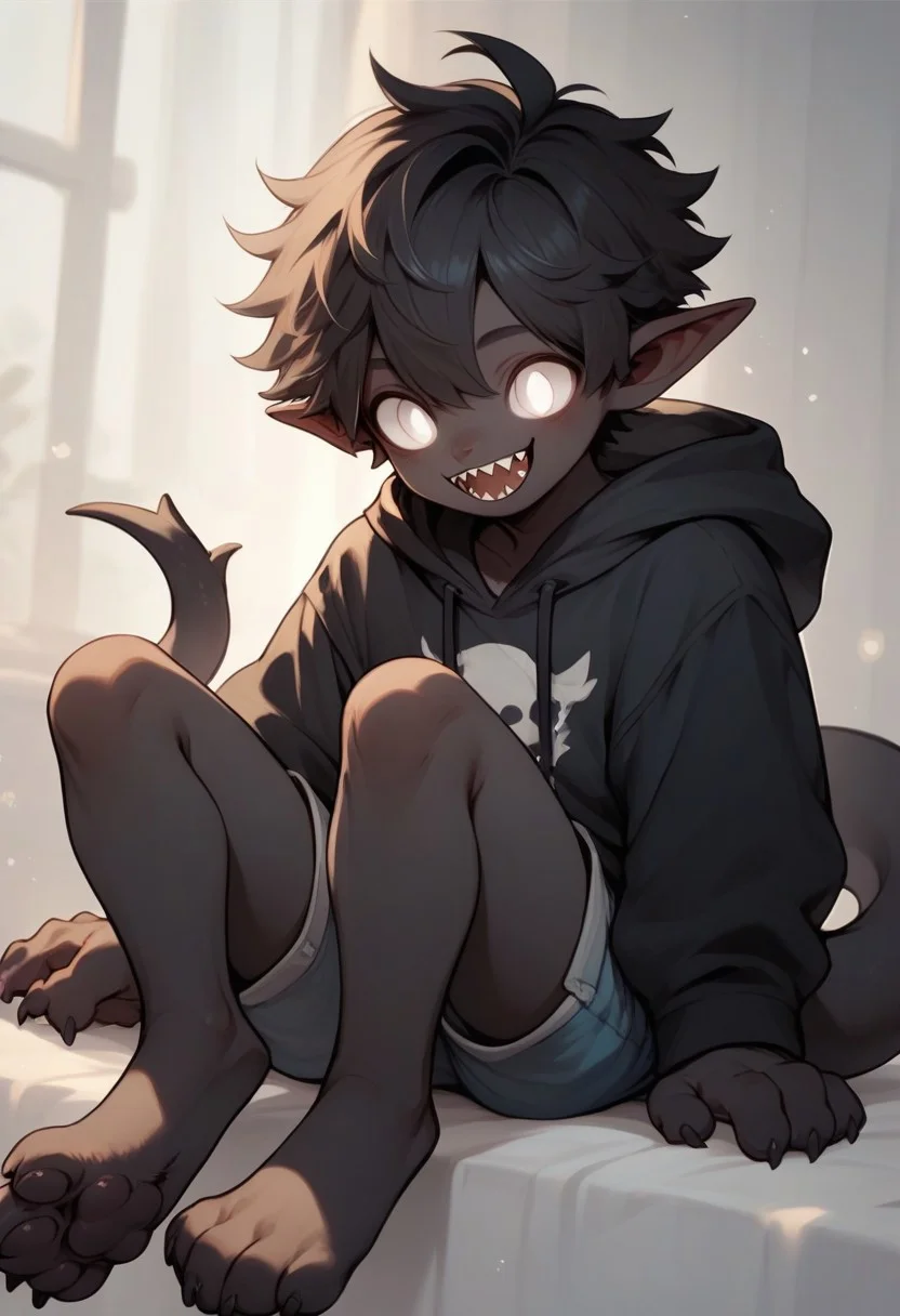 score_9, score_8_up, score_7_up, black skin, fluffy black hair, round white eyes, sharp teeth,black hoodie, shorts, pointy tail, pointy ears, boy, cute, solo, paws, sitting, ! mark, happy