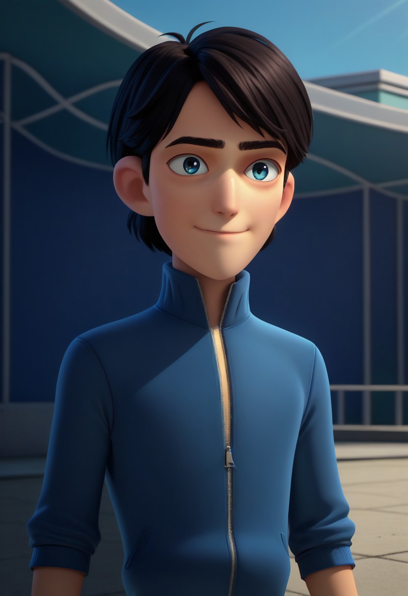 score_9, score_7_up, 
jimth, 1boy, male focus, solo, blue eyes, black hair, short hair, jacket, blue jacket, rolled up sleeves, zipper, light smile,
outdoor, sky,