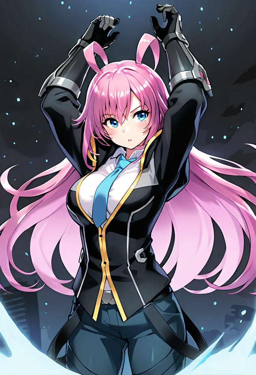 <lora:jinsepatus_IXL:0.7><lora:LupanV3IXL-10:0.5> 1girl,lupan,shock-pink hair ,white shirt,blue necktie, jinclassicoutfit,black jacket,blue pants,hood,arms up
,gauntlets,
,best quality,masterpiece