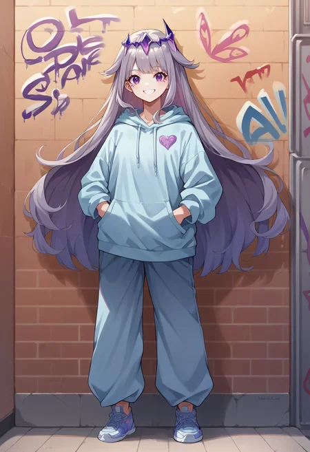 score_9, score_8_up, source_anime, 1girl, solo, KosekiBijou, long hair, hair flaps, floating headpiece, urban and street style, baggy pants, oversized hoodie, stylish sneakers, graffiti walls, smile, hands in pockets, <lora:ChamKosekiBijouPonyXL:1>