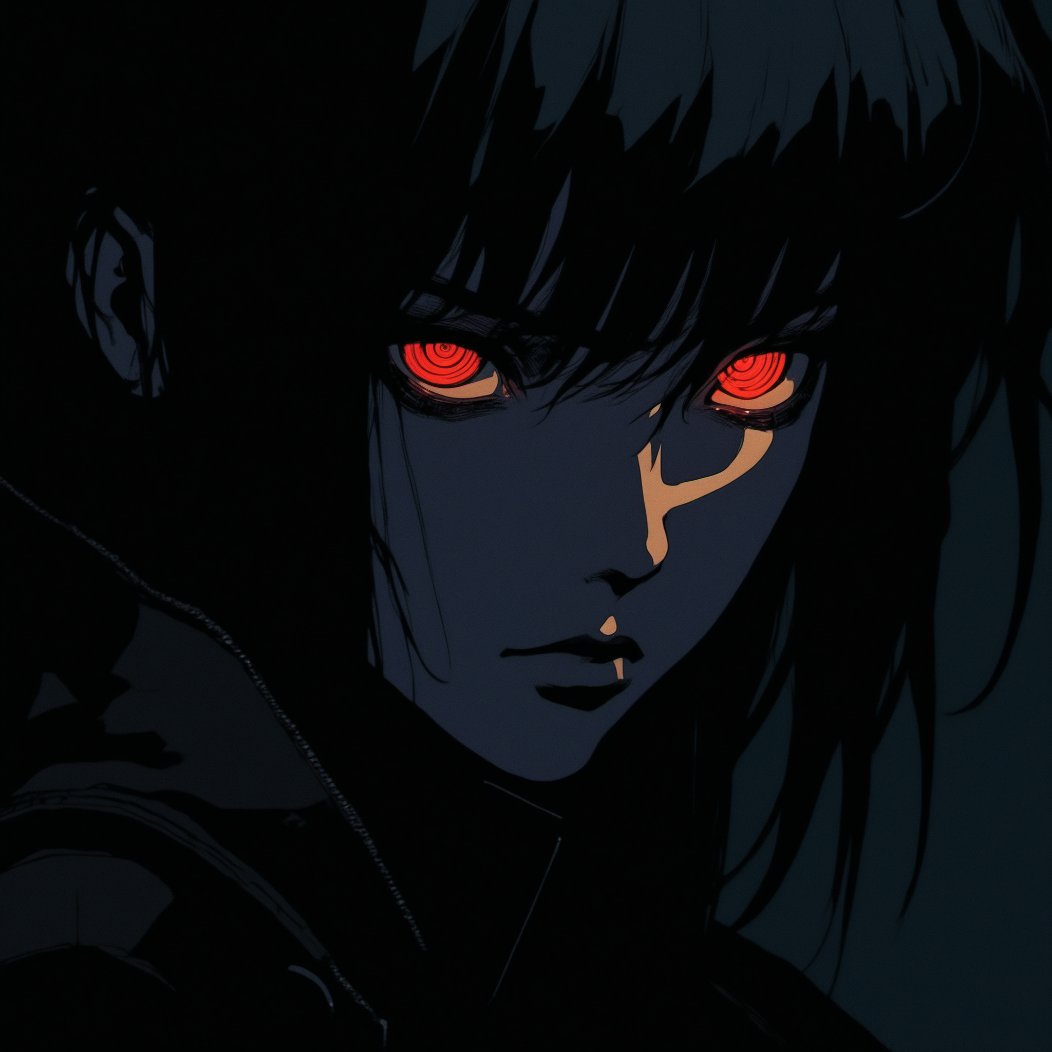 masterpiece,best quality,simple background,glowing, 1girl,cyberpunk,eyepatch,eye trail,black hair,blunt bangs,ghost in the shell,kusanagi motoko, <lora:Sinozick:1>,Sinozick,dark theme,close-up,dark,night,