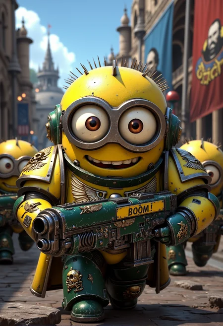 space marine. A short Minion dressed in battle-worn Space Marine armor, chipped but proudly showing Minion insignia and banana-themed purity seals. The Minion is without a helmet (no helmet:2.0), showcasing their iconic Minion goggles, expressive eyes, and wide smile. The Minion is wielding a heavy bolter with bright yellow paint and âBoom!â in bold letters. The Minion is depicted in a scene such as: charging across a battlefield, goggles gleaming in the sun, with other Minions charging alongside in various formations. The Minion's expression is trying to look intimidating, yet charmingly cute. The scene should be depicted in a colorful but gritty Warhammer 40k style, with bright yellows and blues to emphasize the Minionsâ classic color scheme. The armor and weapons are detailed with ornate designs, but humor is maintained through Minion-themed accessories and comical touches. Witty details include: a Minion trying to carry a heavy rock with their power fist, visibly straining but refusing to give up. Background elements should resemble classic Warhammer 40k settings but with a humorous Minion twist, such as: banners depicting the Emperor, but with a Minion twist, including goggles and a cheeky smile. , <lora:sm2.safetensors:1.0:1.0>
