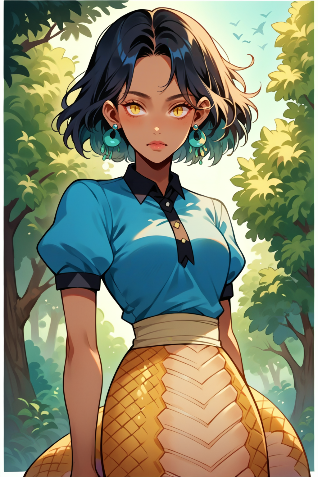 score_9, score_8_up, score_7_up, source_anime, 1girl, solo, <lora:NSSoniaPortia:0.8> NSSoniaPortia, dark-skinned female, black hair, medium hair, yellow eyes, teal dangle earrings, lamia, yellow scales, blue shirt, puffy sleeves, short sleeves, forest, cowboy shot, no animals