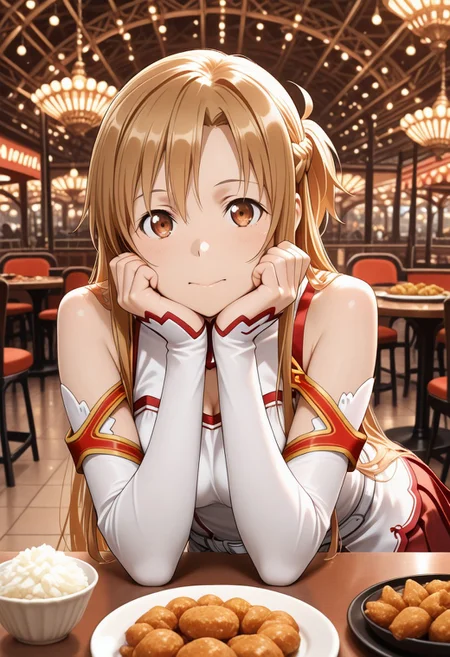 masterpiece, best quality, amazing quality, depth of field, highres, masterpiece, best quality, detailed background, photorealistic, cinematic lighting, volumetric lighting, 1girl, head rest, pov, table, food, solo, amusement park, restaurant, bare shoulders, white dress, detached sleeves, white sleeves, white belt, pleated skirt, red skirt, white thighhighs, aaasuna, long hair, brown hair, braid, brown eyes, official style, Fixhand