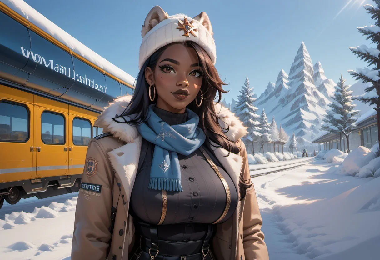 score_9, score_8_up, score_7_up, score_6_up, score_5_up, score_4_up, Very Detailed Background, Cinematic Lighting, Volumetric Lighting, Bloom, finely detailed hair, Post Processing, Perfect Anatomy, Extremely Detailed Eyes And Face, Perfect Eyes.
1girl, (solo), black girl, african girl, very long straight black hair, brown eyes, gorgeous lips, dark lips, slim figure, narrow waist, wide hips, perfect round butt,( huge breasts:1.0), firm breasts,
clothes -- Fully dressed. Hat, winter coat, very long blue scarf.
blush, laughter,
snow covered, public transport, trainstation, tram rails, historic buildings, sunlight, train, blue sky, day, (Upper body portrait:1.3)