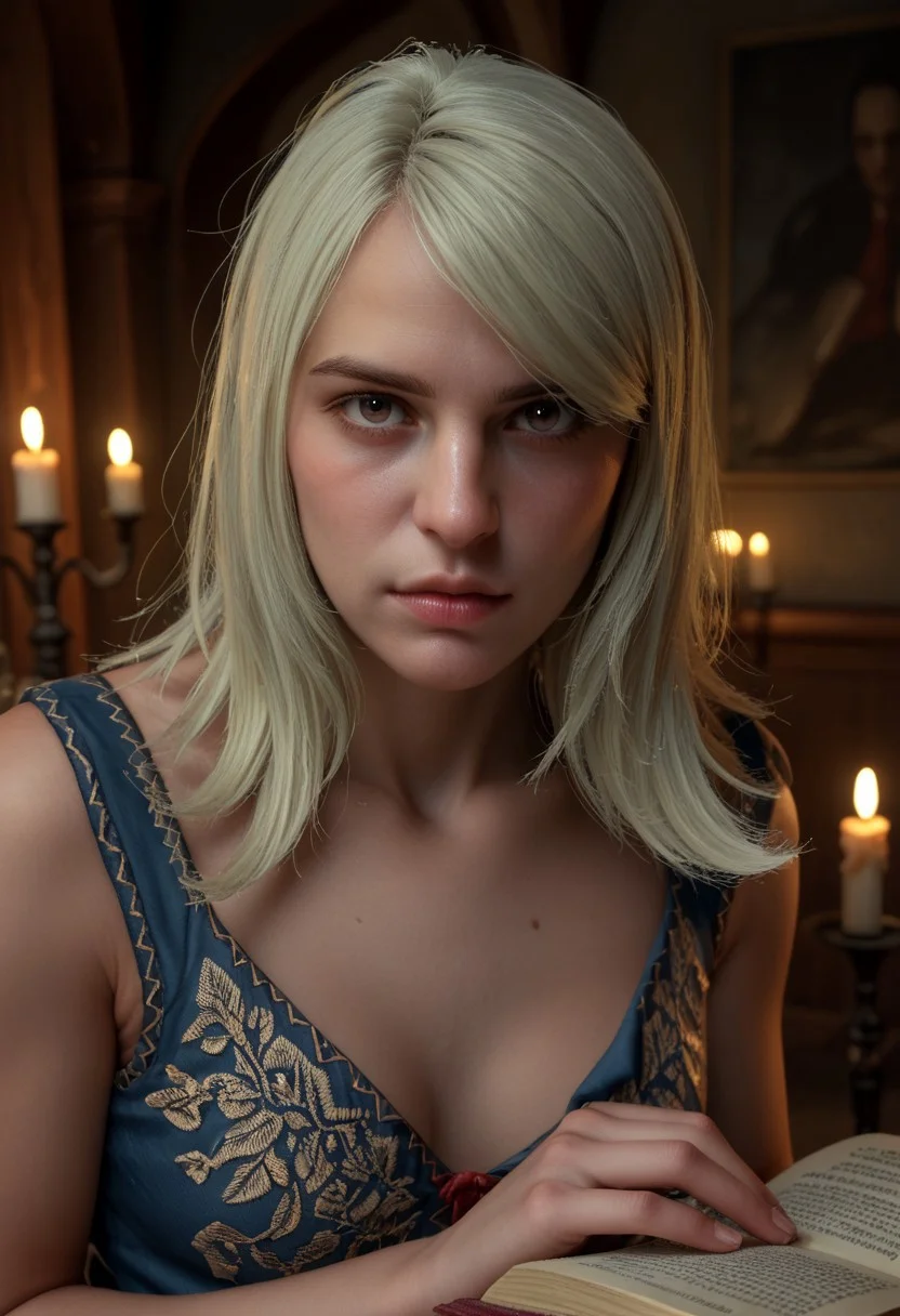 score_9, score_8_up, score_7_up Keira Metz studying a mystical artifact, her eyes reflecting the eerie glow of its enchantments in a candle-lit room. "looking at viewer