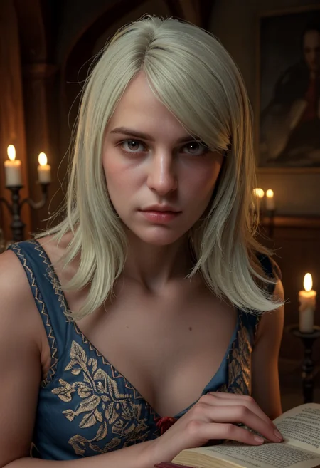 score_9, score_8_up, score_7_up Keira Metz studying a mystical artifact, her eyes reflecting the eerie glow of its enchantments in a candle-lit room. "looking at viewer