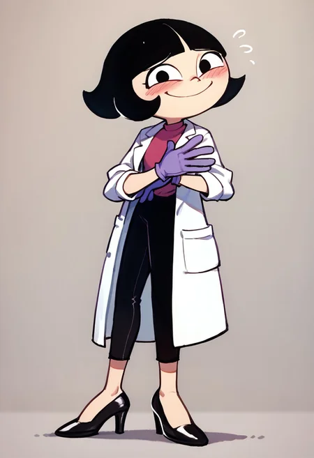 score_9, score_8_up, score_7_up BREAK LeeLeeDL, 1girl, black hair, bob cut, blunt bangs, black eyes, white lab coat, purple medical gloves, black pants, black heeled shoes, blushing, nervous smile at viewer,
