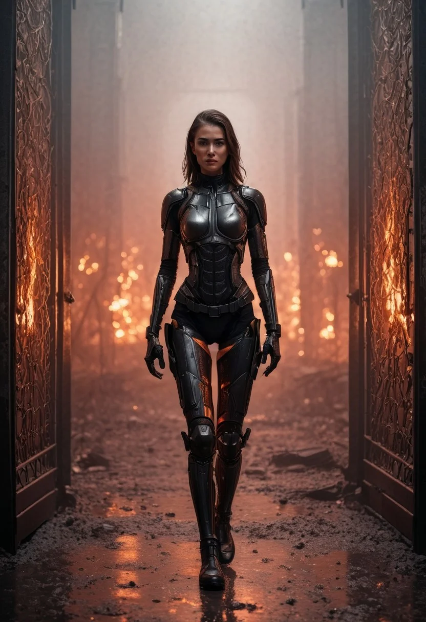 FULL BODY SHOT, extremely detailed, Off-center composition,A extremly fully detailed full body portrait of the android girl opening hell gates,cinematic background,fire tinted light,vignette, highly detailed, high budget, bokeh, cinemascope, moody, epic, gorgeous, Hyperrealistic 24k,ANDROID