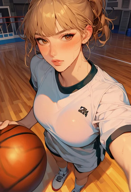 (score_9, score_8_up, score_7_up, score_6_up), dynamic angle, anime realism, UHD, beautiful, 8k, source_anime, (anime style:1.1), Semi-realism, 1girl, solo focus, disney princesses face, brown eyes, medium breasts, basketball court , basketball, blush, gym uniform, socks, innocent looks, freckles, dynamic angle, bangs, playing basketball, sweaty, dynamic pose, standing,