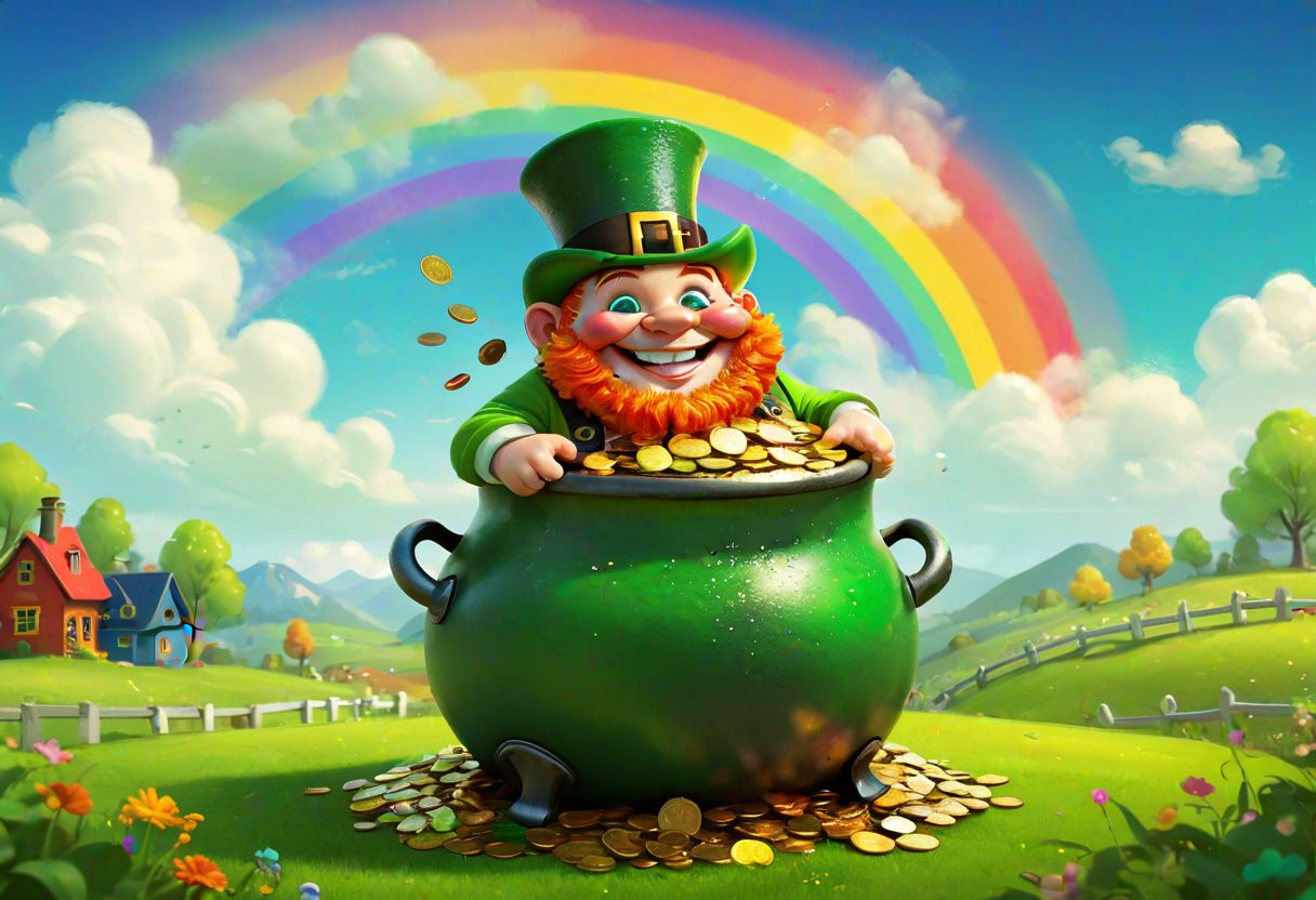 chubby leprechaun, pot of gold coins, mischievous grin, colorful rainbow slide, vibrant green meadow, fluffy clouds, whimsical cartoon style, exaggerated features, playful energy, sparkling eyes