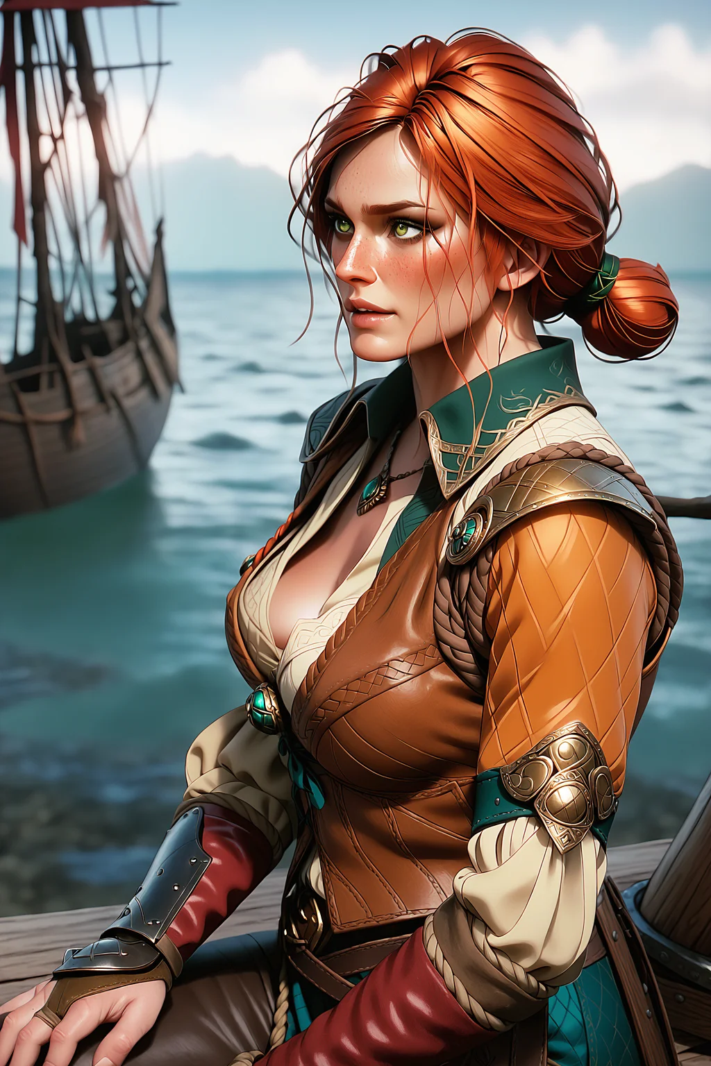 tr1s5, t34l_w1tch, score_9, score_8_up, score_7_up, 1girl, solo, from side, sway back, viking ship, norse mythology, comic, <lora:tr1s5:1.0>