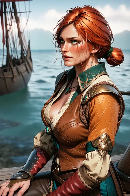 tr1s5, t34l_w1tch, score_9, score_8_up, score_7_up, 1girl, solo, from side, sway back, viking ship, norse mythology, comic, <lora:tr1s5:1.0>