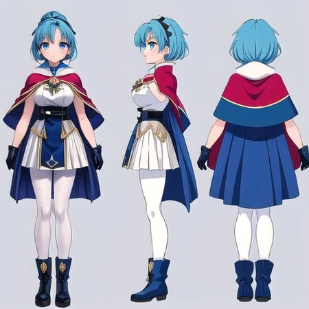 anime, 1990s (style), retro artstyle, princess, woman, blue hair, hair tied up, blue eyes, medieval fantasy, short red cape, light blue pantyhose, blue large boots with a yellow marks, large gloves, model sheet, simples background, chara-sheet