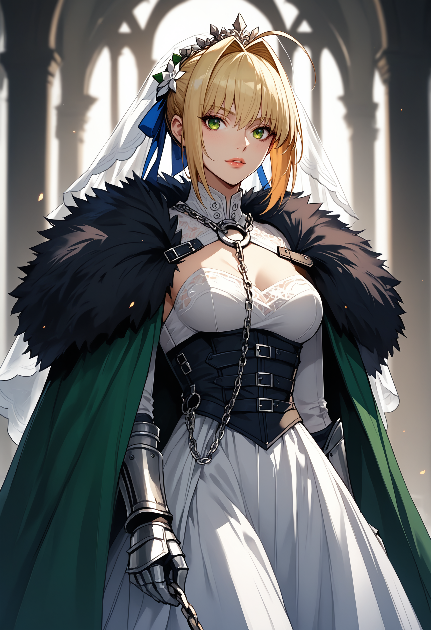 score_9, score_8_up, score_7_up, score_6_up, adult woman, solo, L4DY ,nero claudius \(bride\) \(fate\),  Short blond hair, side bangs, (blue and silver themed) dress, veil, double ribbon,  (chain leash), green dress, cincher,  armor, cloak, fur trim, gloves, <lora:LOW-60-PDXL:0.8>