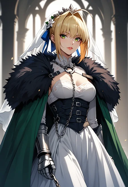 score_9, score_8_up, score_7_up, score_6_up, adult woman, solo, L4DY ,nero claudius \(bride\) \(fate\),  Short blond hair, side bangs, (blue and silver themed) dress, veil, double ribbon,  (chain leash), green dress, cincher,  armor, cloak, fur trim, gloves, <lora:LOW-60-PDXL:0.8>