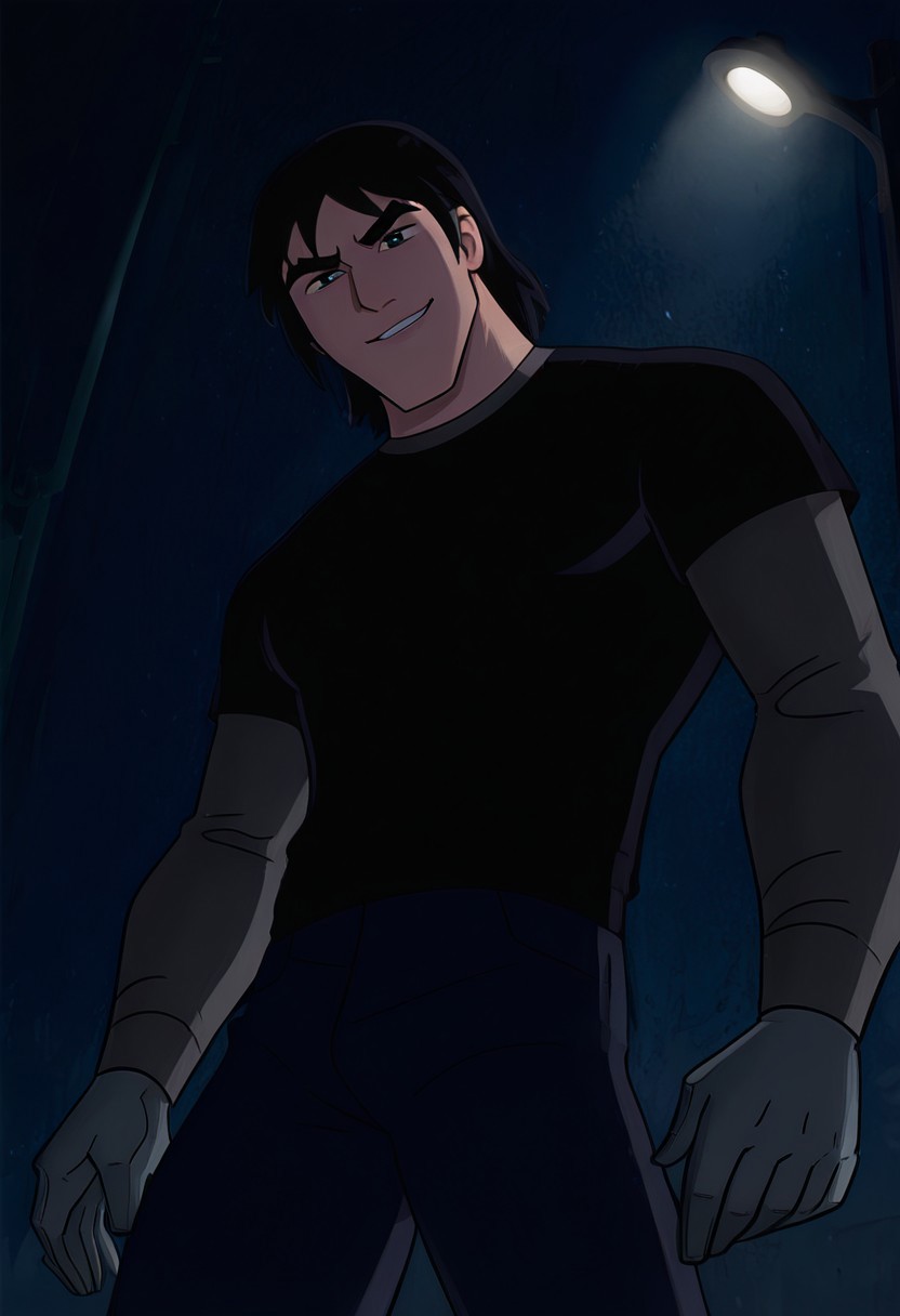 masterpiece, best quality, amazing quality, very aesthetic, absurdres, newest,
kevaf, black hair, 1boy, solo, black shirt, layered sleeves, short over long sleeves, thick eyebrows,
 angry, smile, from below, worm view, dark night, under street light, leaning on street light, metal hands, grey hands,