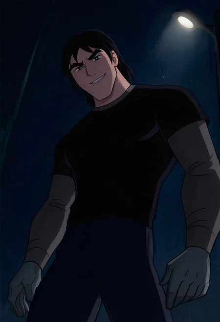 masterpiece, best quality, amazing quality, very aesthetic, absurdres, newest,
kevaf, black hair, 1boy, solo, black shirt, layered sleeves, short over long sleeves, thick eyebrows,
 angry, smile, from below, worm view, dark night, under street light, leaning on street light, metal hands, grey hands,