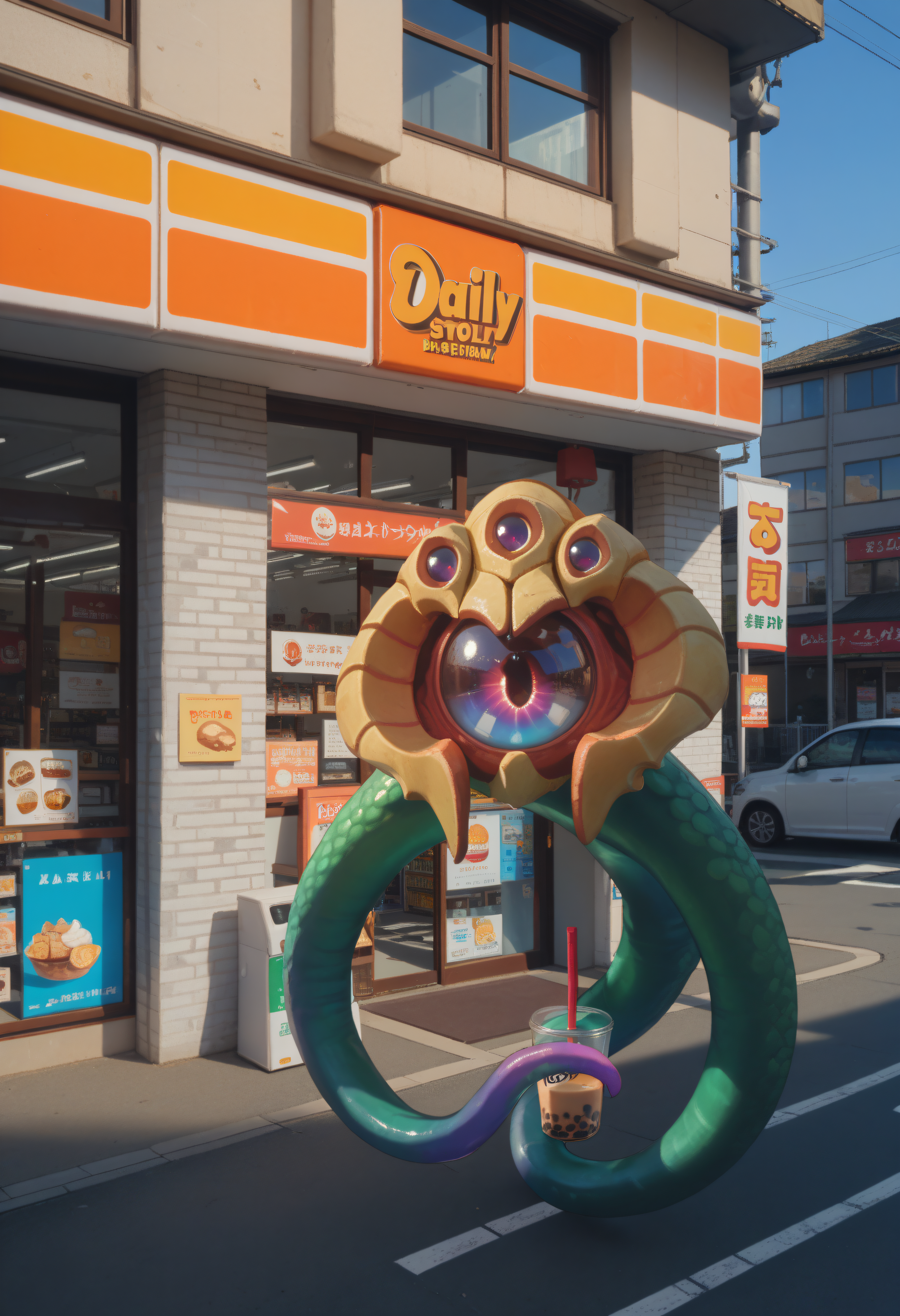 score_9, score_8_up, score_7_up, score_6_up, score_5_up, score_4_up, BREAK , velkozpdxl, monster, no humans, looking at viewer, tentacle arms, holding bubble tea, floating eye, <lora:VelKoz2:0.8>, YamazakiDaily, konbini, scenery, storefront, japan, shop, close up, convenience store, road, outdoors, building, street, sign, city, <lora:yamazakidaily_storefront_PONY_V1:0.8>