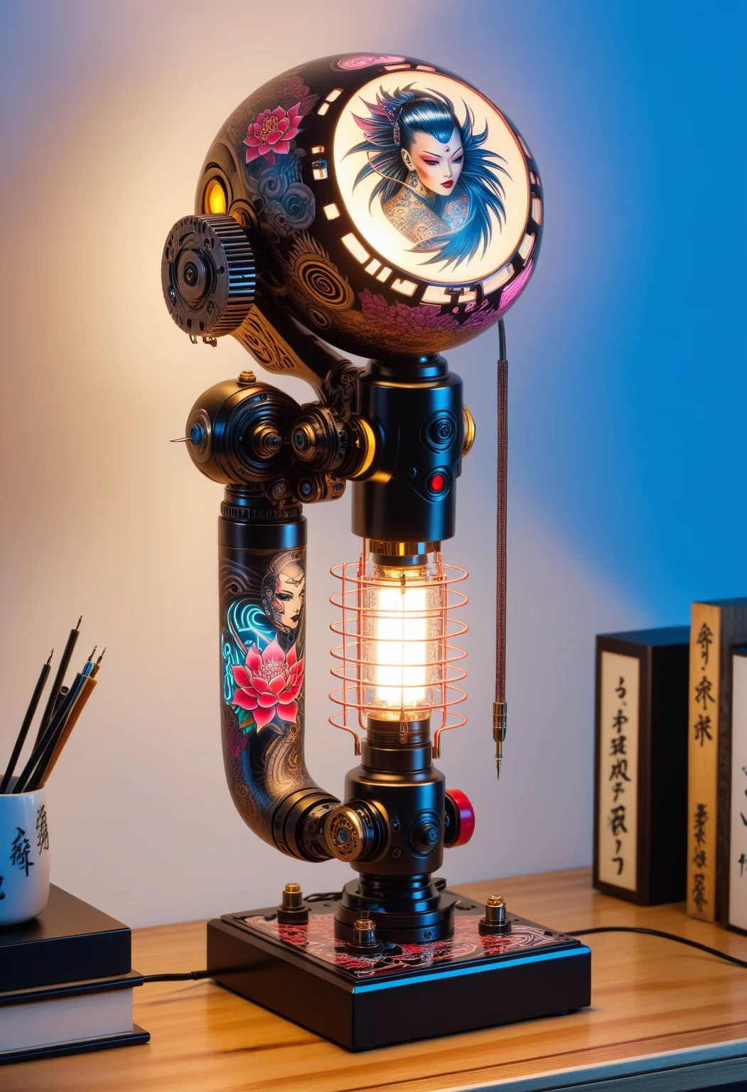 masterpiece, best quality, <lora:EPIrezumiWorldSDXL_epoch_5:1.0> ,EPIrezumiWorld, cyberpunk, cyberpunk,mechanical parts , tattoo, irezumi, retro-inspired desk lamp
