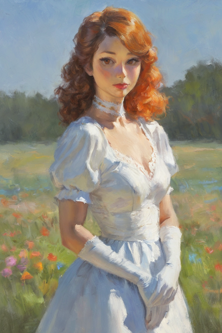 masterpiece, best quality, highres, newest, impressionism, traditional media, realistic, 1girl, solo, medium hair, curly hair, wavy hair, orange hair, swept bangs, brown eyes, lips, lipstick, looking at viewer, medium breasts, choker, medium dress, white dress, lace trim, puffy sleeves, puffy short sleeves, short sleeves, gloves, elbow gloves, white gloves, hand up, cowboy shot, closed mouth, standing, outdoors, field, flower, grass, plant, sky <lora:Impressionism [LoRA] - NoobAI-XL EPS 1.0:0.8>