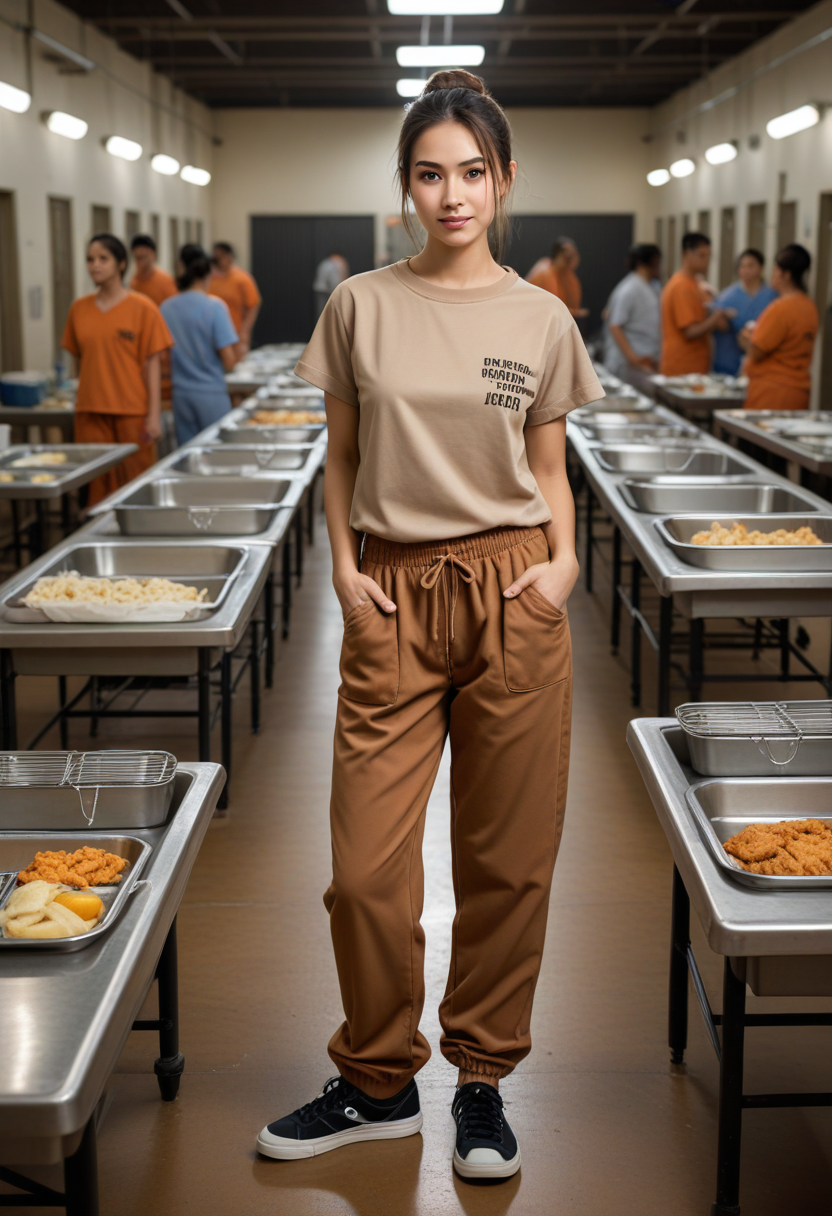 ((fashion photography)), perfect face, perfect eyes, (medium full shot) of  (gorgeous prison inmate) young woman, thai, straight hair, brown eyes, light brown skin, fair skin, hazel eyes, Average, medium hazel updo hair, wearing brown prison uniform with t-shirt with "inmate" printed, drawstring pants, black sneakers, holding a mesh laundry bag, set in  prison mess hall, with long cafeteria tables, metal trays, inmates lining up for food served from a steam table , smiling at the viewer, masterpiece, best quality, photorealistic, very aesthetic