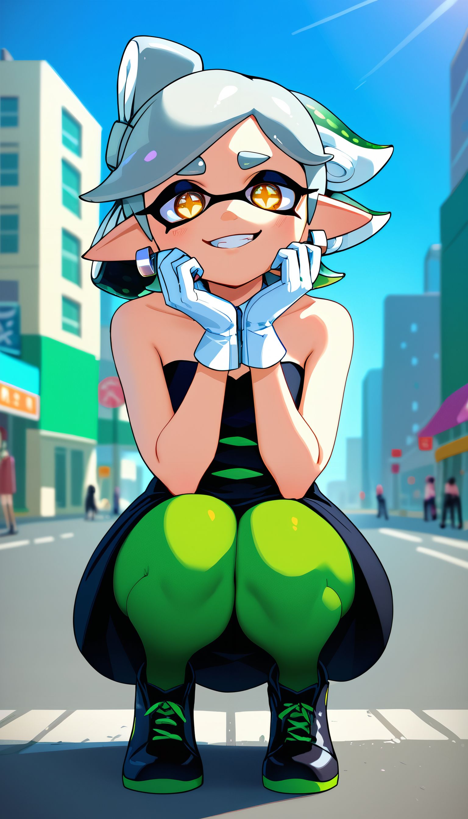 zPDXL3,  <lora:Marie_Splatoon:.8>,
imtdmariest, woman, tentacle hair, pointy ears, mode under eye, yellow eyes, symbol shaped pupils, short grey hair, earrings, black dress, white gloves, green pantyhose, detached collar, strapless dress, bare shoulders, black shoes, looking at viewer, smiling, serious, squatting, hand under chin, outside, city, street, blue sky,