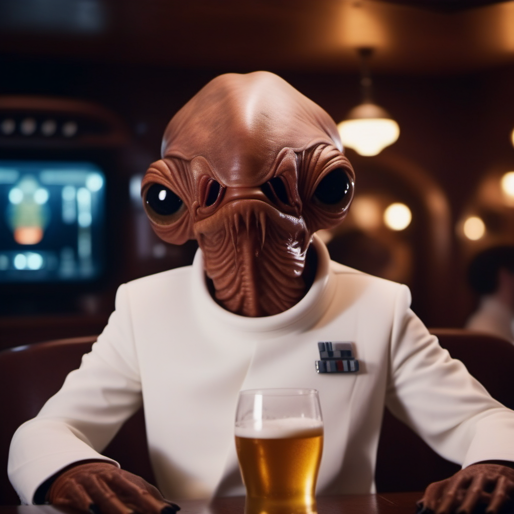cinematic photo an alien with a strange looking face, star wars, white suit, having a beer in a pub  <lora:AmiralAckbar1024:0.8> . 35mm photograph, film, bokeh, professional, 4k, highly detailed