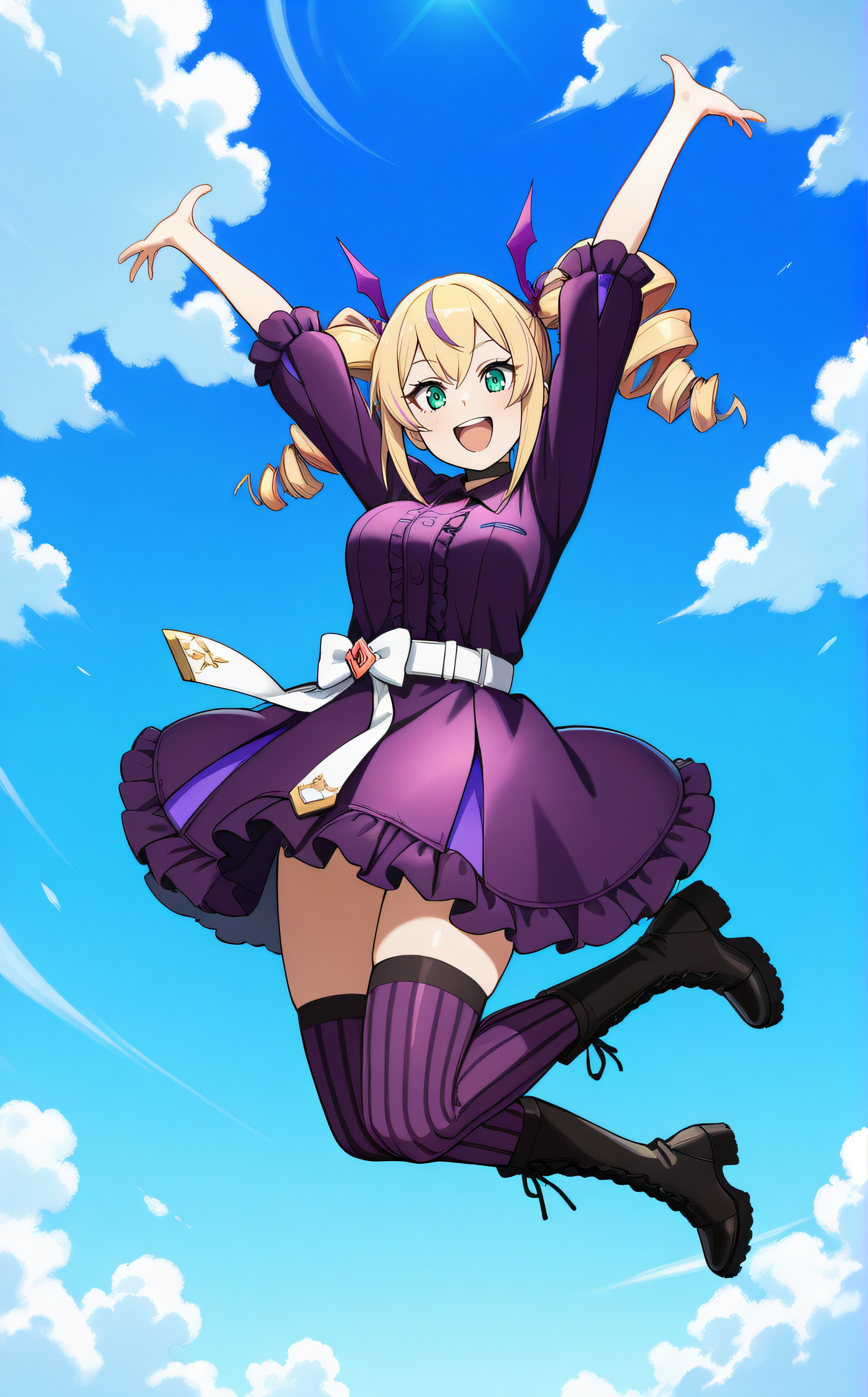 masterpiece, best quality, highres, newest, scenary, 1girl, solo, official style, <lora:IL_Violet_Inboots:1>, violet, streaked hair, twindrills, black choker, white belt, white bow around waist, collared dress, black frilled dress, purple vertical-striped thighhighs, black lace-up boots, looking at viewer, smile, outdoor, full body, jumping, outstretched arms up, open mouth, five fingers, upper teeth, blue sky background, clouds, detailed hands, centered image flexed legs