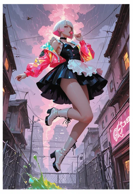 16k, 8k, 4k, masterpiece, vibrant colors, best quality, ultra detailed, highly detailed, hyper-detailed, from below, dark stormy background, slanting rain, rainstorm, tempest, turbulent atmosphere, strong winds, raining heavy, (clothes and hair blown strongly by the wind, flowing fabric, disheveled hair, billowing skirt, windblown ), BREAK full body, side portrait of stunning girl jumping from summit of ruin, heroic pose, dynamic pose, bangs, white hair, multicolored hair, bobcut hair, pastel cyan eyes, choker, hair over one eye, small breasts, earrings, ear pierces, ultra detailed decorative victorian gossamer clothes, very short tight black maid dress, maid apron, over sized holographic color hazard jacket, white short boots, dark pastel gradient red background (with extremely thick white border on all four sides ), half closed eyes, unfocused eyes, distant gaze, emotionless look, looking away, white thick eyelashes, white long eyelashes, (holding a lollipop, licking a lollipop, 1 lollipop), (holding green blood dripping holographic color katana sword), katana reflecting light, hithermost katana, wrecked fence and buildings in background, (post apocalyptic city background), thick clouds, jumping at abandoned railway station, ((jumping towards viewer, flying in air, dynamic pose)), holographic color highlights, backlight, eye_focus, g0thic, qxys, neon, [[[[flowing hair]]]], Flatline, haiz_ai
<lora:ppw_v7_animv4_1_r2:0.6> <lora:748cm_illu:0.6> 7481llu <lora:69yottea_illu_v2:0.4> <lora:illustrious_all_rated_v1:0.6> masterpiece, best quality, very aesthetic, absurdres <lora:RetroAnime:0.4> In the style of Jedrta, retro anime