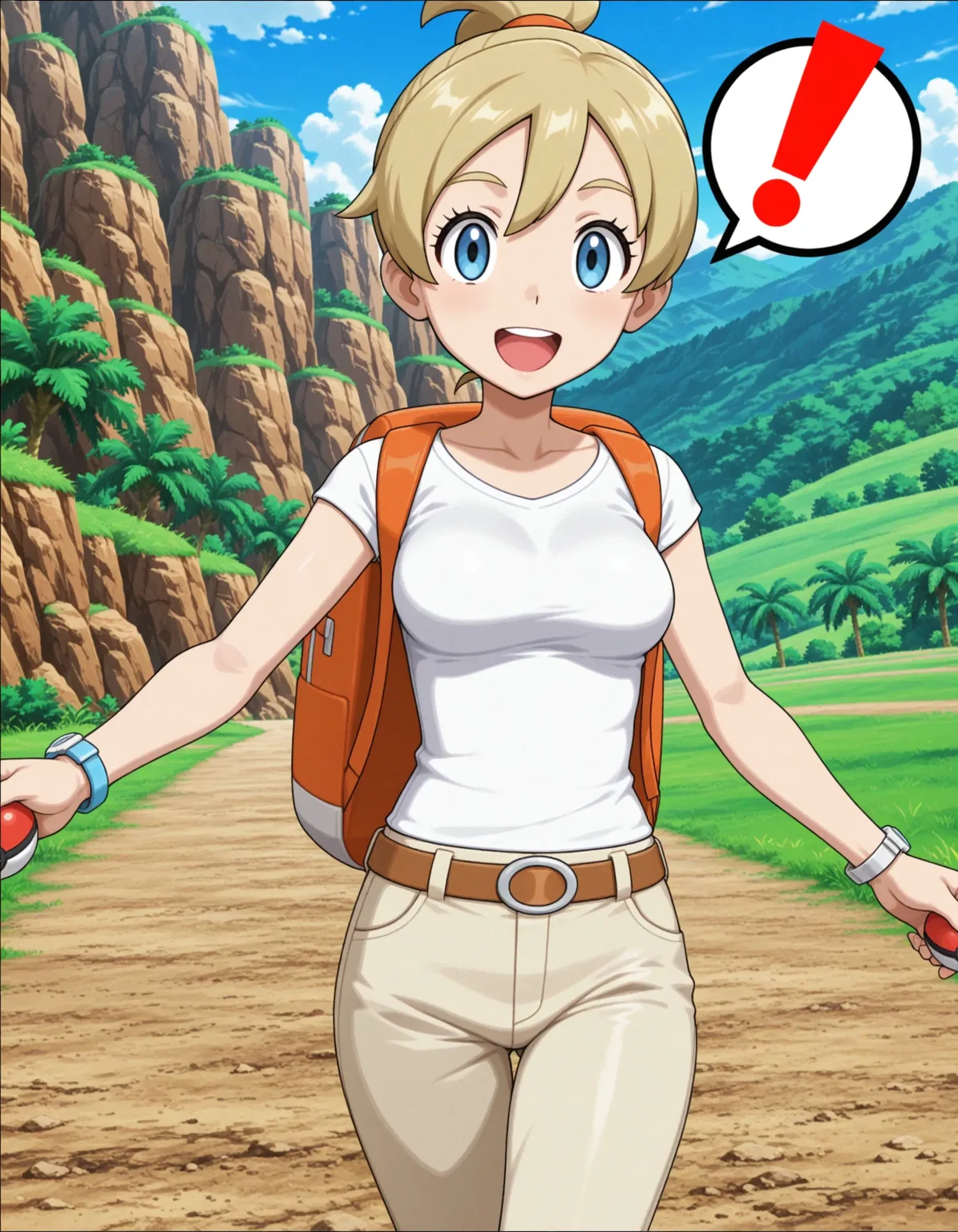 1girl,solo,masterpiece,best quality,anime screencap,pokemon,
<lora:backpackerBW_pokemon_v1_IL:0.6>,backpackerBW,blue eyes,blonde hair,topknot,short ponytail,high ponytail,bangs,tareme,hair between eyes,white shirt,beige pants,brown belt,short sleeves,orange backpack,breasts,upper teeth only,light blue z-ring,
open mouth,<lora:dmd2_sdxl_4step:1>,looking at viewer,smile,cowboy shot,arms at sides, walking, mountain, day, open mouth,!, looking to the side, holding poke ball, spread arms