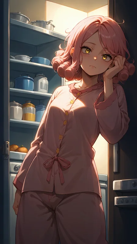 score_9,score_8_up,score_7_up,score_6_up, <lora:xl_more_art-full_v1:0.5>, source_anime, girl, dynamic pose, feminine pose, <lora:Mei Hatsume - Pony-000004:0.8>, pink hair, medium hair, round hair, yellow eyes, pajamas, baggy clothes, exhausted, tired, kitchen fridge, dim lighting, night. blue lighting, refrigerator,
