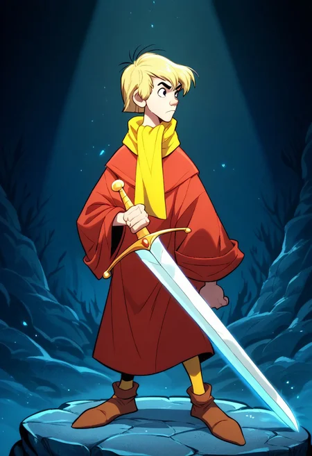 Saltydogstyle, score_9, score_8_up, score_7_up, CuteCartoonStyle, 1boy, solo, male focus, Arthur, Blonde Hair, Black Eyes, Red Robe, Yellow Scarf, Tan Leggings, Brown Shoes, SaltyDogStyle, digital artwork, powerful, male, character, standing, holds, a, glowing, ethereal, sword, sword's hilt, 1boy, male, focus, black, hair, weapon, solo, holding, holding, weapon, sword, full, body, 1boy, male, focus, weapon, solo, holding, holding, weapon,action pose, attacking stance, stabing stance
