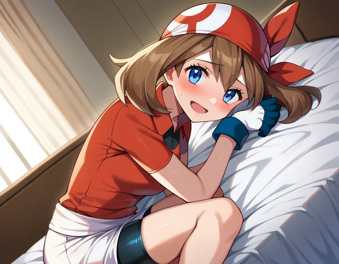score_9, score_8_up, score_7_up, source_anime,
pokemonmay, <lora:pokemon-may-ponyxl-lora-nochekaiser:1>
pokemonmay, blue eyes, brown hair, bandana, long hair, red bandana, twintails, hair between eyes,
bike shorts, collared shirt, gloves, microskirt, multicolored shirt, pencil skirt, red shirt, shirt, short sleeves, skirt, white skirt,
indoors, bed, bed room, on side, blush, drunk,
looking at viewer, cowboy shot, dutch angle,