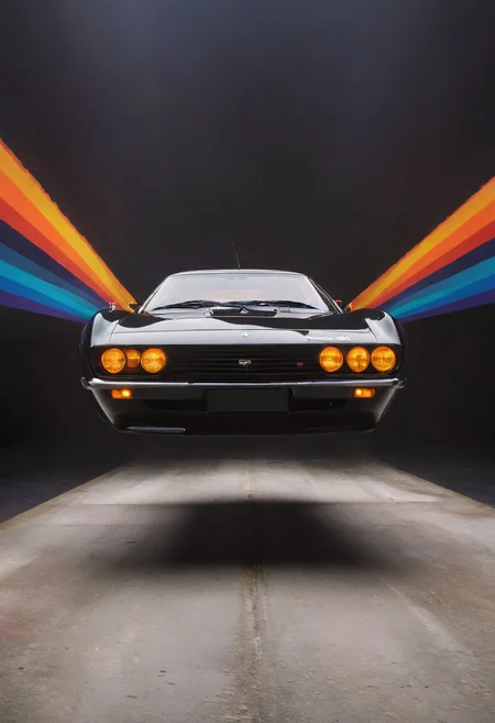 Made of bold lines, vertical lines, 3d deep depth effect, Stretching shadows, Flying hovering Car, a Vintage hovering super car, Hovering_Car, A road stretches behind her head, colorful depth of lenticular, bold lines async, deep blacks,