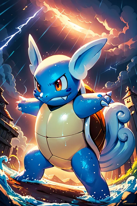 score_9, score_8_up, score_8, <lora:WartortlePokedexPDXL:1.0>, zzWartortle, no humans, defiant expression, leaping toward an opponent, rain pouring, lightning illuminating the scene, muddy battlefield, detailed water effects, dramatic lighting, tension-filled atmosphere ,embedding:zPDXL, <lora:SDXLFaeTastic2400:0.5>, <lora:Hyperdriver_PDXL_v5:0.8>,