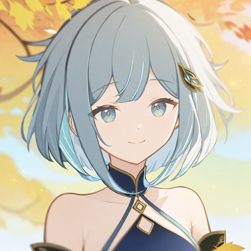 <lora:juqing2:1>ï¼g1a2s, 1girl, solo, smile, bare shoulders, bangs, blue hair, closed mouth, hair ornament, grey eyes, tree, blue eyes, virtual youtuber, leaf, portrait, multicolored hair, grey hair, long hair, sleeves past wrists, brown hair, outdoors, sleeves past fingers, upper body, sidelocks, chinese clothes, dress, short hair, short hair with long locks, detached collar, looking down, blurry, detached sleeves, sky, collarbone, streaked hair, looking to the side, black hair, autumn leaves, blurry background