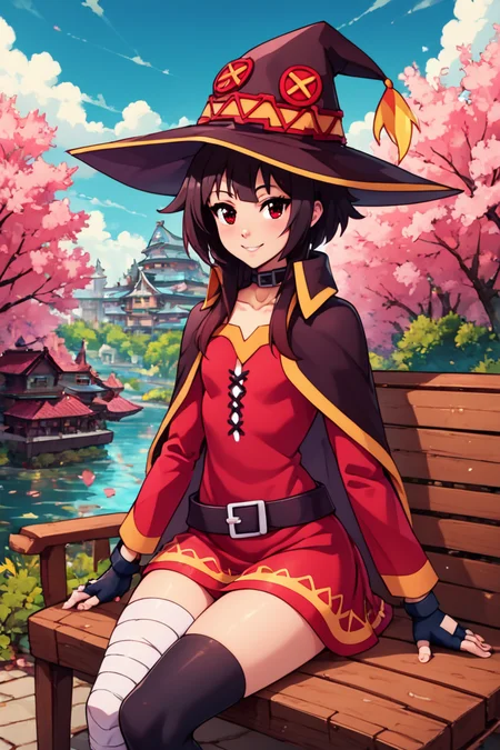 score_9, score_8_up, score_8, medium breasts, (curvy), cute, eyelashes, sitting on bench, side view, smile, looking at viewer,  ,,, <lora:konosuba-megumin-s2-ponyxl-lora-nochekaiser:0.7>, megumin, short hair, black hair, red eyes, short hair with long locks, thighhighs, gloves, hat, dress, black gloves, belt, black thighhighs, fingerless gloves, cape, collar, witch hat, bandages, red dress, single thighhigh, asymmetrical legwear, bandaged leg,  cowboy shot,  BREAK, pnkBldng, sky, day, cloud, tree, blue sky, building, architecture, east asian architecture, BREAK,  embedding:zPDXL, Expressiveh,   <lora:PinkBuildingsPDXL_v2:0.6>,  <lora:CatalystStylePDXL:0.3>,  <lora:SDXLFaeTastic2400:0.5>,  <lora:Expressive_H-000001:0.4>,