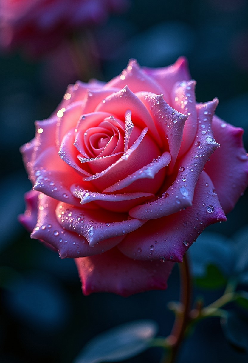 closeup zoom,(macro:1.3) photo, sparkling magical fantasy glass rose dewdrop, very detailed, amazing quality, intricate, cinematic light, highly detail, beautiful, surreal, dramatic, galaxy fantasy colors (mandelbulb:1.5)