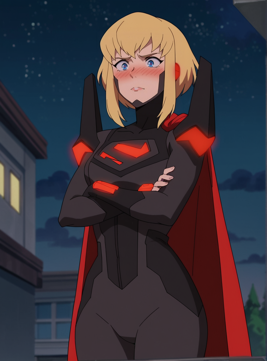 score_9, score_8_up, score_7_up, score_6_up, score_5_up, score_4_up,  source_anime , anime screencap,   <lora:KaraSuper:0.8>1girl, blonde hair, solo, superkara, short hair, bodysuit, sidelocks, blue eyes, pilot suit , wide hips, narrow waist,  flying, night sky, red_cape  crossed arms, embarrassed, nose blush,
